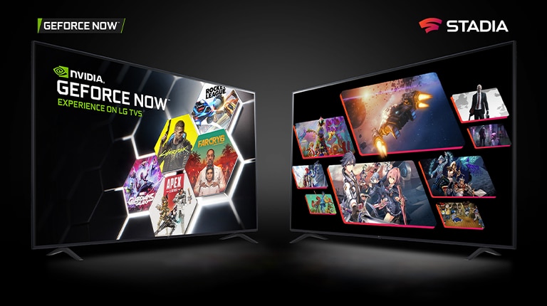 Image showing GeForce NOW and STADIA on two separate LG UHD TV, featuring shows and games.