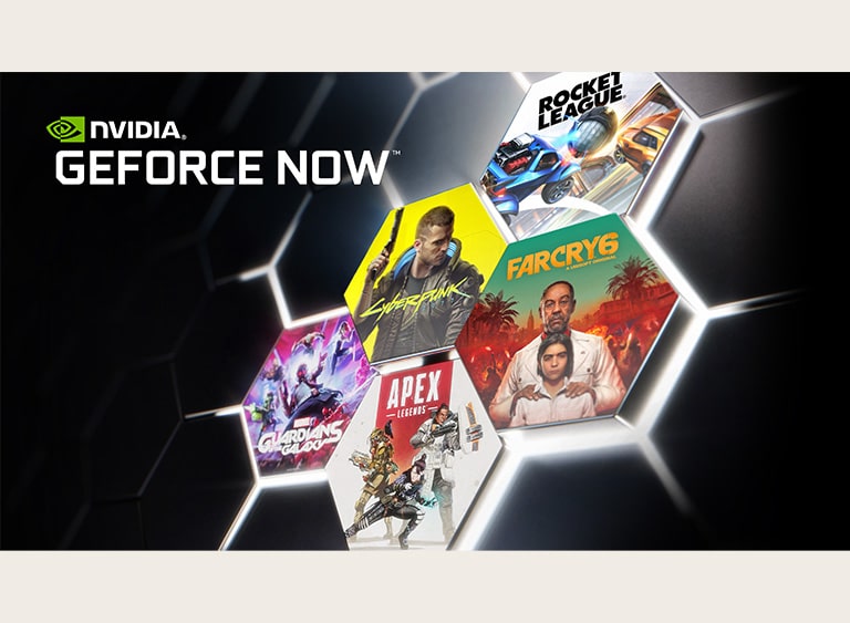 An image featuring the GEFORCE Now logo on a dark background. Cover art and titles of several popular games are shown.