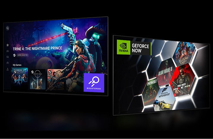 An image of the Boosteroid home screen showing "Trine 4: The Nightmare Price" and another image of GeForce NOW home screen showing five different game thumbnails.