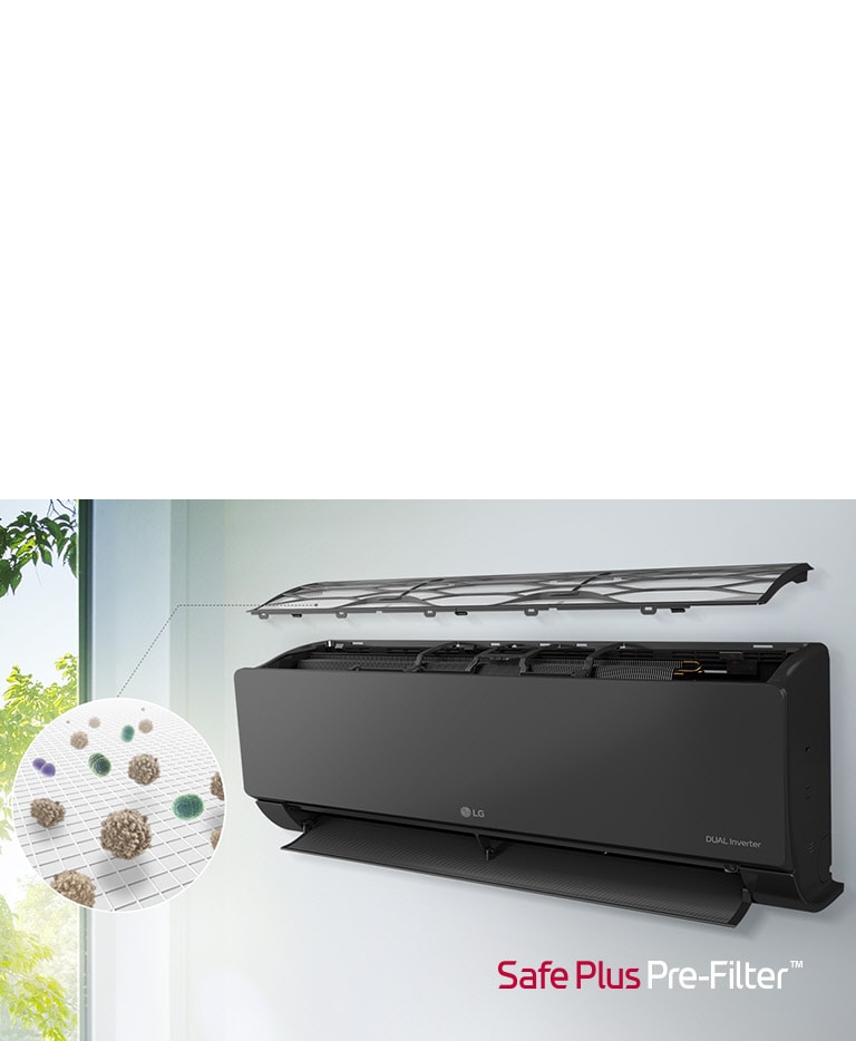 Wall-mounted LG Dual Inverter air conditioner near a window, with Safe Plus Pre-Filter capturing dust particles.