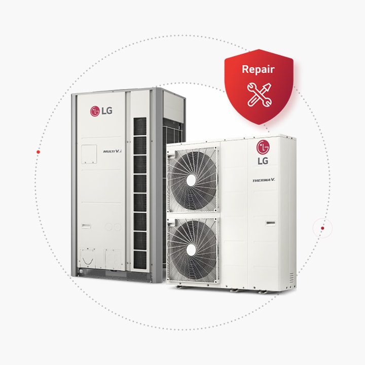 LG MULTI V i and LG Air to Water Heat Pumps Monobloc are laid side by side, badged with a red repair icon on the top right.