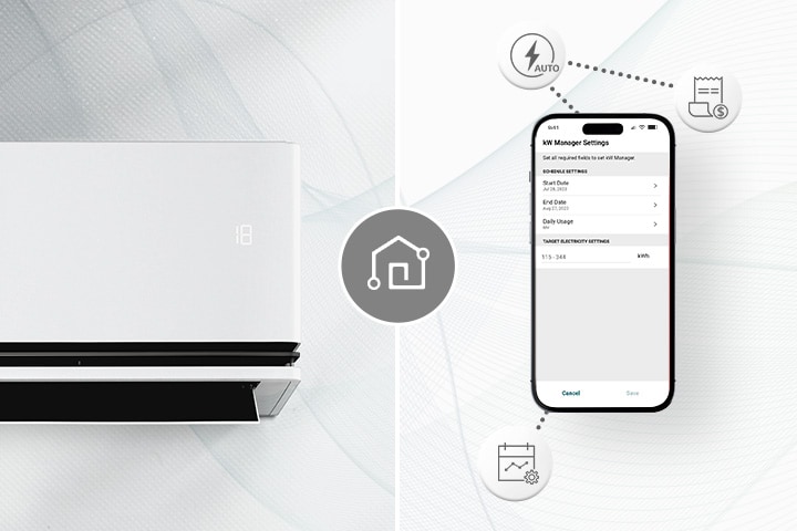 A air conditioner and a smartphone with LG ThinQ™ screen. Around the mobile phone, icons that introduce ThinQ functions are displayed.	