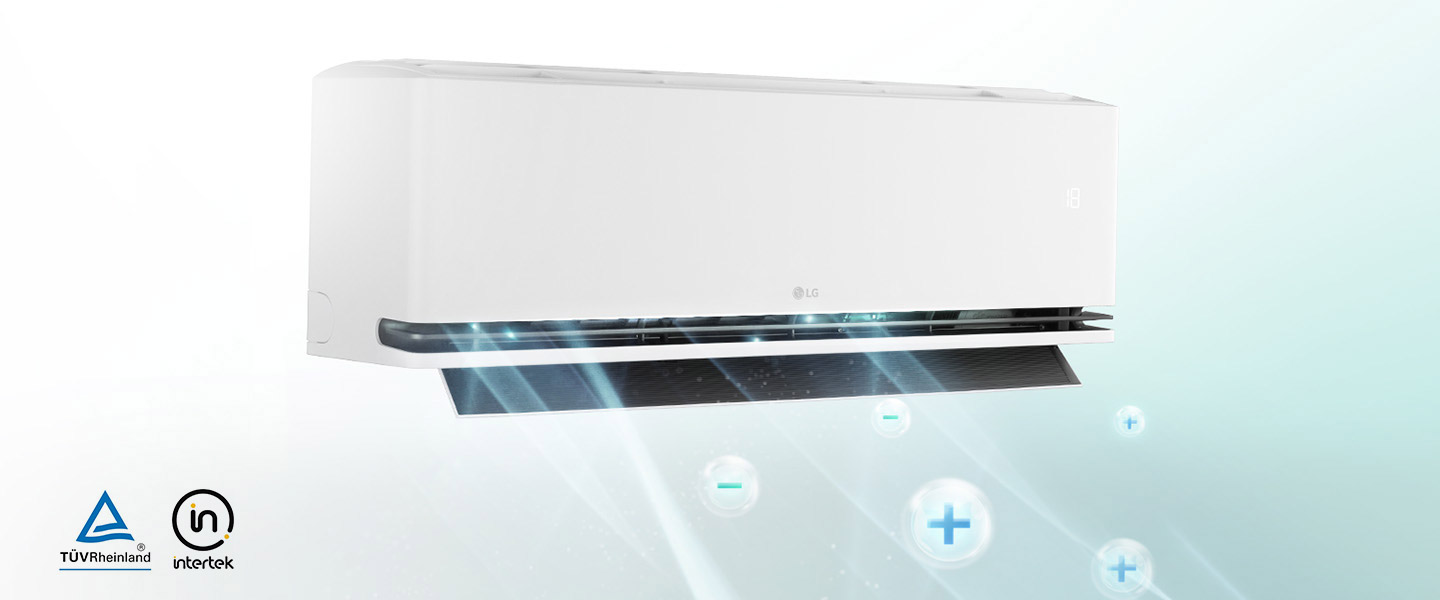 Bubbles with plus and minus signs move through the air due to the Plasmaster Ionizer. There are plus minus ion bubbles surrounding bacteria. The Plasmaster Ionizer logo can be seen in the corner of the image.	