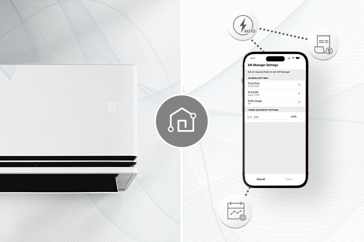 A air conditioner and a smartphone with LG ThinQ™ screen. Around the mobile phone, icons that introduce ThinQ functions are displayed.