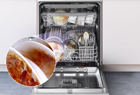 Close up view of dishes and glasses being washed by using true steam feature of LG freestanding dishwasher.	