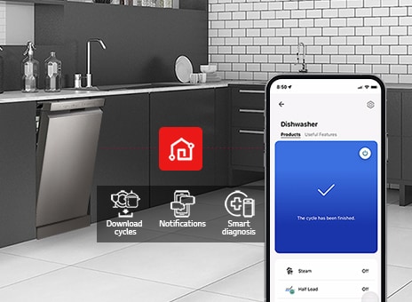 Kitchen interior with partially open free-standing dishwasher and LG ThinQ™ app showing cycle complete notification.	