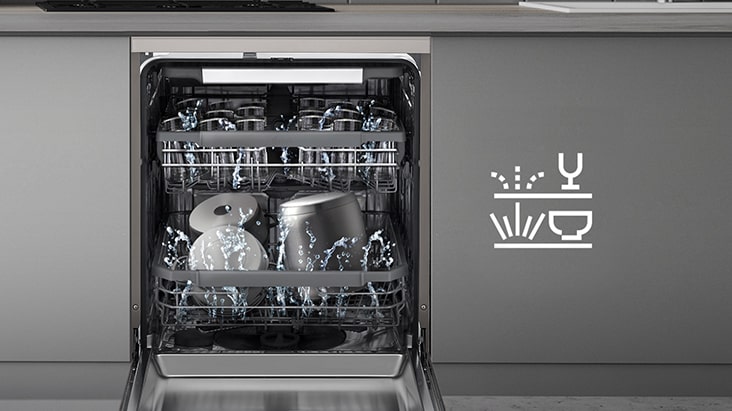 Interior of LG free-standing dishwasher with upper rack washing gently and lower rack washing powerfully.	