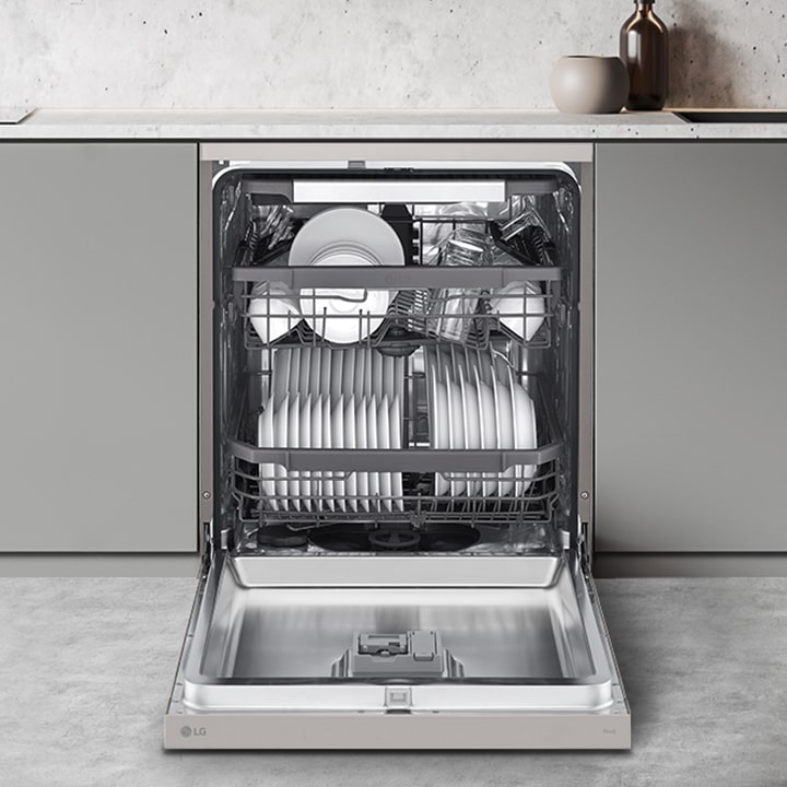 Showcasing how to adjust lg free-standing dishwasher racks to fit various types of dishes.	