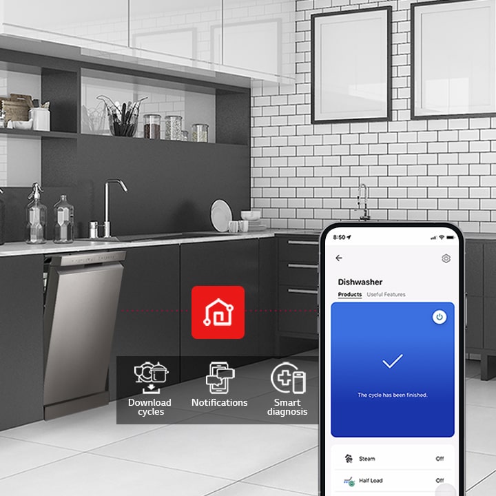 Overall view of a modern kitchen featuring an LG free-standing dishwasher, demonstrating how the LG ThinQ app works with three features: Download Cycles, Notification, and Smart Diagnosis.	