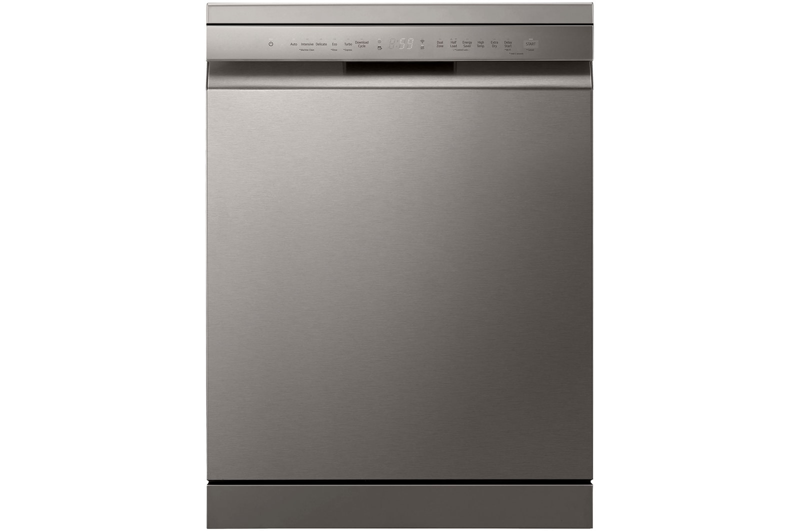 Front view of 60cm QuadWash™ Freestanding Dishwasher Silver with Easy Rack™ Plus and LG ThinQ™. (DF355FP.APZQEUK)