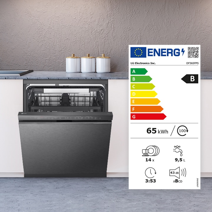 LG free-standing dishwasher with a B energy efficiency rating