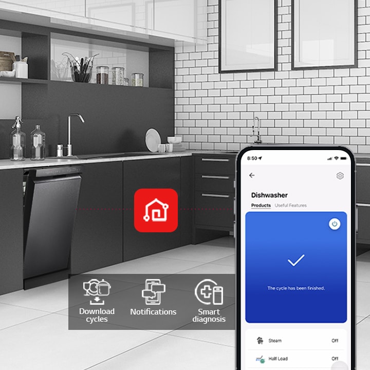 Overall view of a modern kitchen featuring an LG free-standing dishwasher, demonstrating how the LG ThinQ app works with three features: Download Cycles, Notification, and Smart Diagnosis.