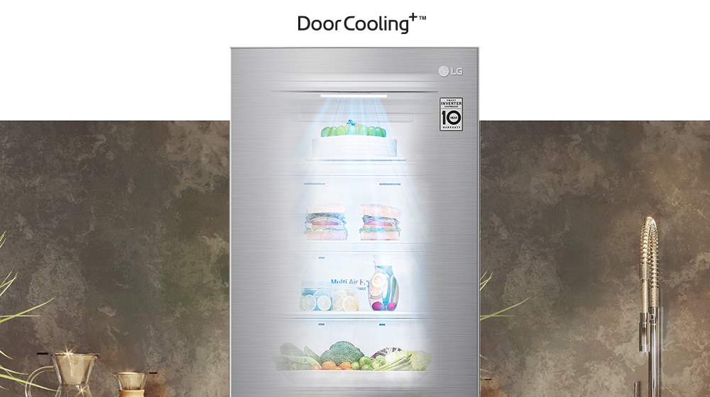 The front view of a black InstaView refrigerator with the light on inside. The contents of the refrigerator can be seen through the InstaView door. Blue rays of light shine down over the contents from the DoorCooling function.