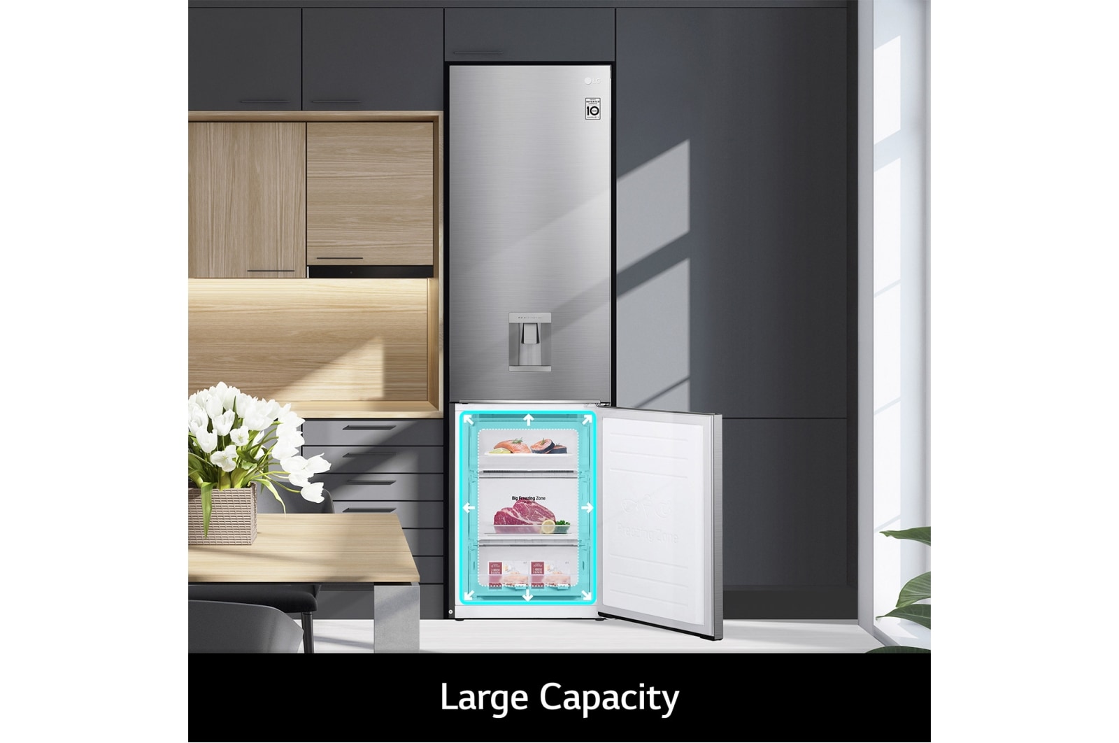 LG 383L Tall Fridge Freezer Shiny Steel Water Dispenser, GBF62PZJMN