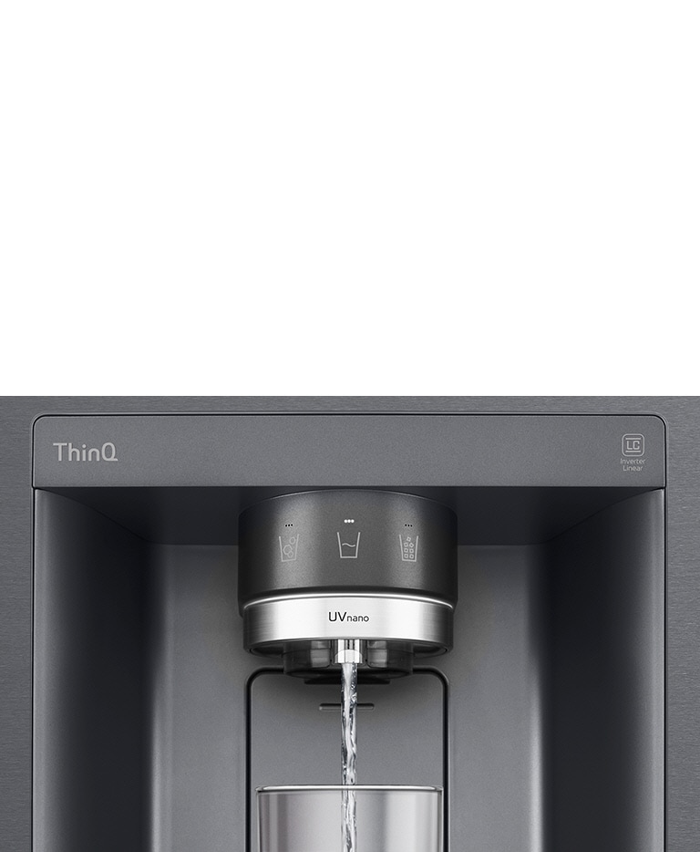 LG ThinQ water dispenser with UVnano technology dispensing water into a glass underneath.