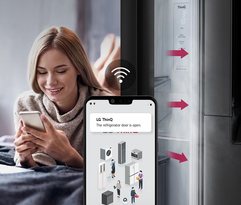 A woman lounges on a bed looking at her phone screen on one image. The second image shows that the refrigerator door has been left open. In the foreground of the two images is the phone screen which shows the LG ThinQ app notifications and the Wifi icon above the phone.