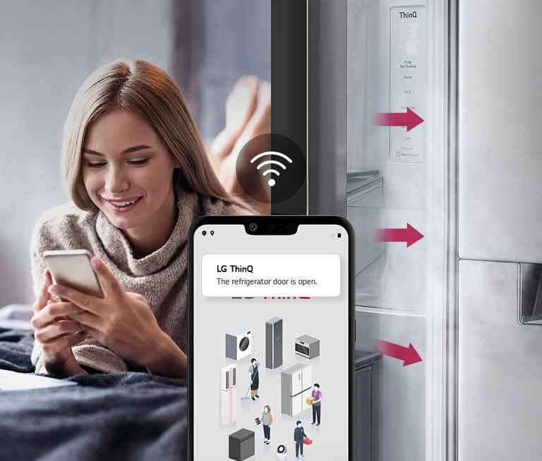 A woman lounges on a bed looking at her phone screen on one image. The second image shows that the refrigerator door has been left open. In the foreground of the two images is the phone screen which shows the LG ThinQ app notifications and the Wifi icon above the phone.