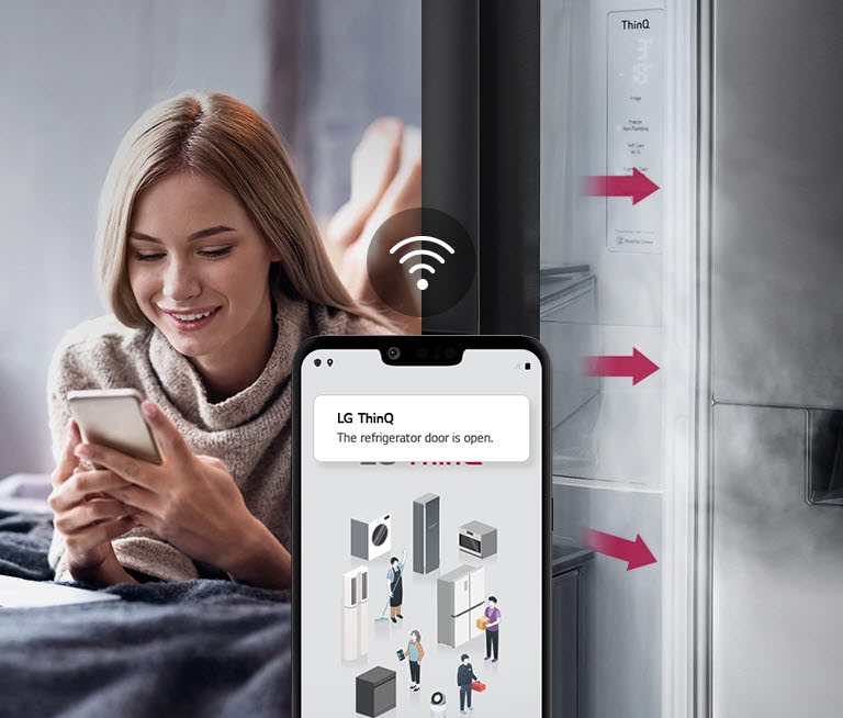 A woman lounges on a bed looking at her phone screen on one image. The second image shows that the refrigerator door has been left open. In the foreground of the two images is the phone screen which shows the LG ThinQ app notifications and the Wifi icon above the phone.