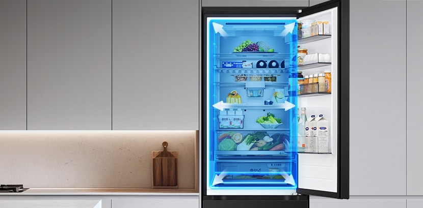 LG bottom freezer (GBBW726AEV) fully open with upper fridge compartment showing food in drawers with blue overlays and arrows highlighting spacious interior