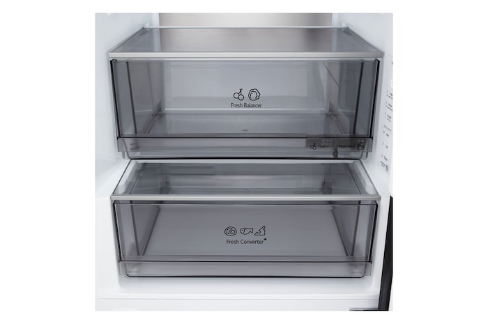 LG fridge freezer (GBBS726CEV) shelf highlighted in blue with arrows up and down right image shows folded shelf holding two water bottles