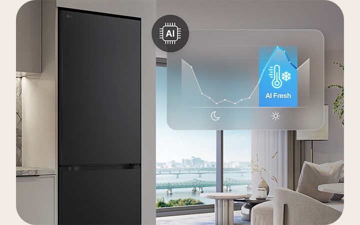 LG bottom freezer (GBBS726CEV) beside light grey cabinets in living space with river view overlaid with graph and AI Fresh icon