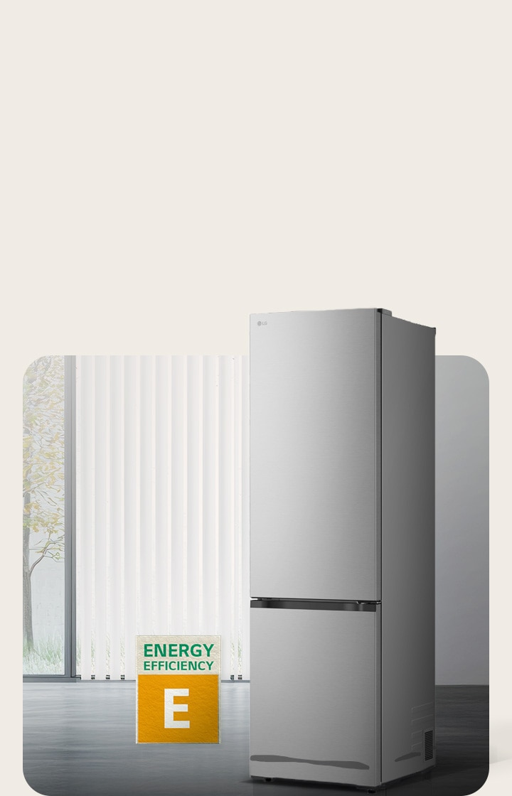 LG bottom freezer (GBBS726CPY) matte black front view in bright room with vertical blinds with 10 year compressor warranty and Energy Efficiency C icons below