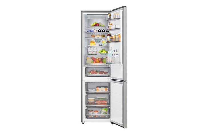 LG bottom freezer full door open view showing fridge and freezer compartments