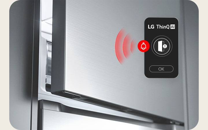 LG bottom freezer (GBBS726CEV) upper door slightly open with red wave graphic showing open door icon and alert icon together
