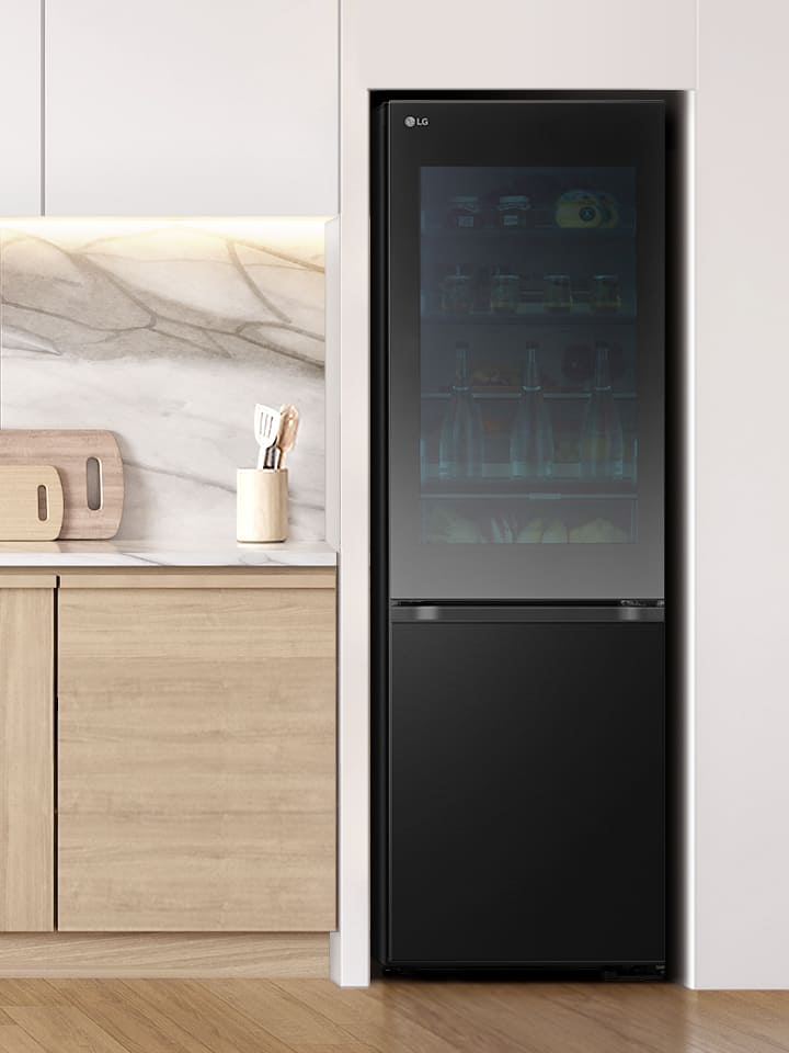 Kitchen with LG bottom freezer with InstaView installed	