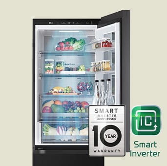 Fresh food-filled refrigerator with open door and logo images for warranty and smart inverter.	