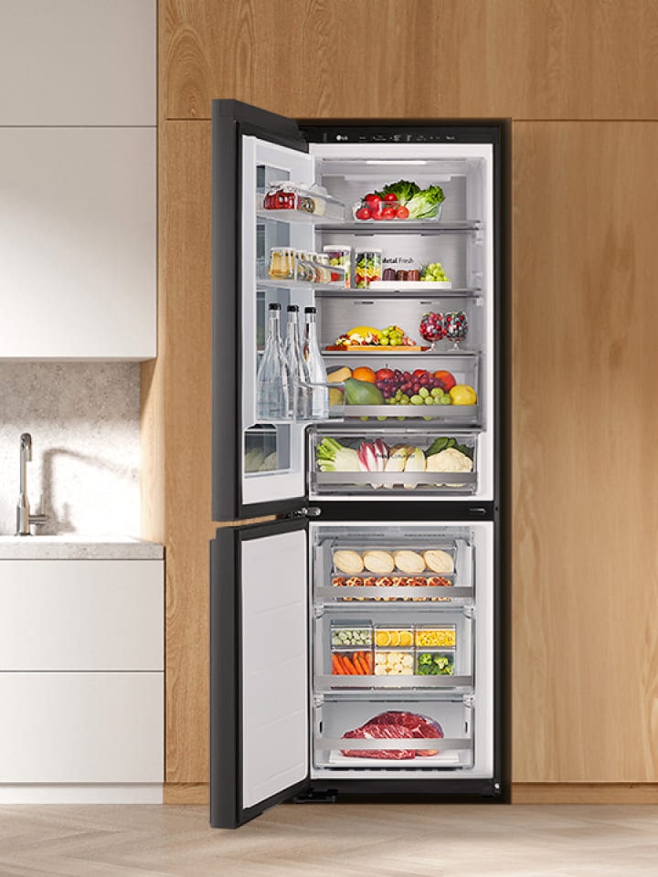 The refrigerator is shown with the door opening to the left instead of the more common right to show it is customizable	