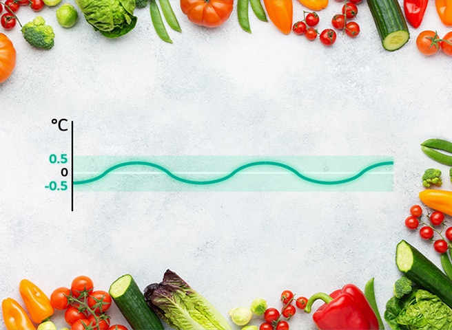 Linear cooling graph with fresh vegetables nearby, showing temperature fluctuations kept within ±0.5℃ for food freshness.