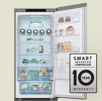 Fresh food-filled refrigerator with open door and 10-year warranty label of smart inverter compressor.