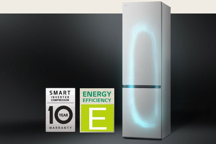 Refrigerator with efficient cooling system by smart inverter compressor and 10-year warranty label of compressor.