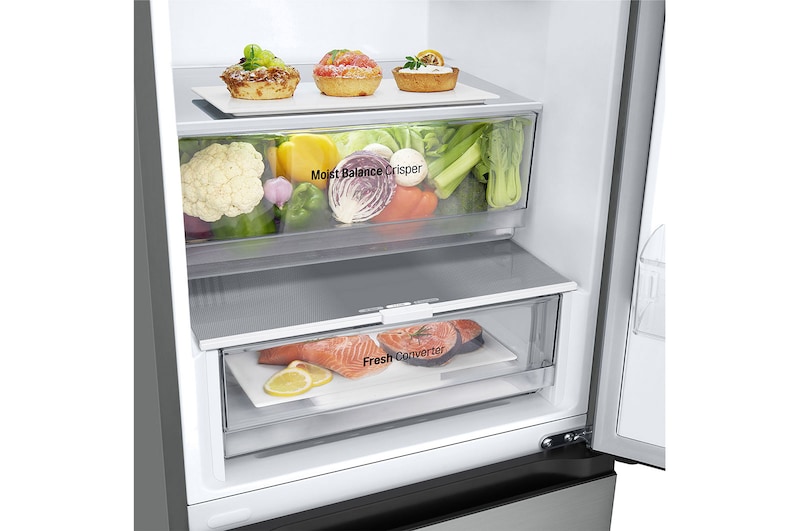 bottom shelf perspective view with food