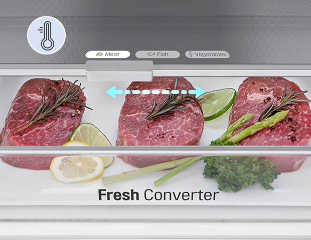 Close-up of meat-filled fresh converter, set at proper temperature for meat among meat, fish, and vegetables options.