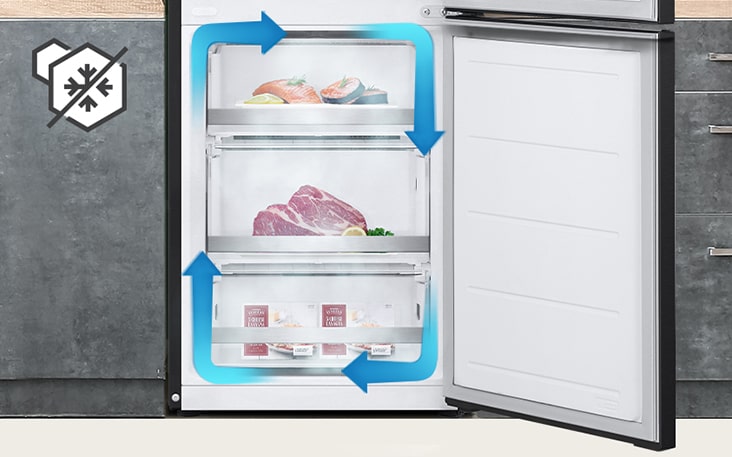 No-frost freezer with even cooling and circulated cold air to keep food fresh in all corners.