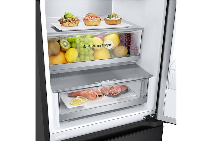 bottom shelf perspective view with food