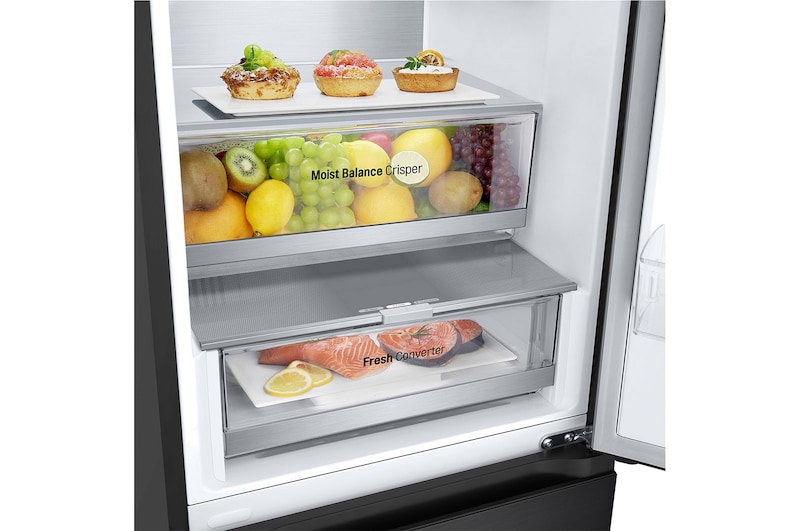 bottom shelf perspective view with food