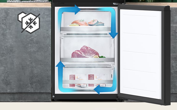 No-frost freezer with even cooling and circulated cold air to keep food fresh in all corners.