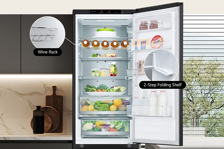 Fresh food-filled refrigerator with open door showcasing wine rack and folding shelf.