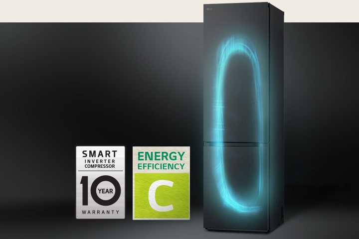 Refrigerator with efficient cooling system by smart inverter compressor and 10-year warranty label of compressor.