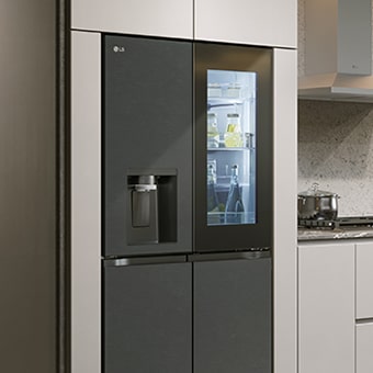 Modern kitchen interior with InstaView fridge.