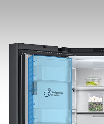 Inside the refrigerator, a slim indoor ice maker is highlighted in blue and the refrigerator is full of ingredients