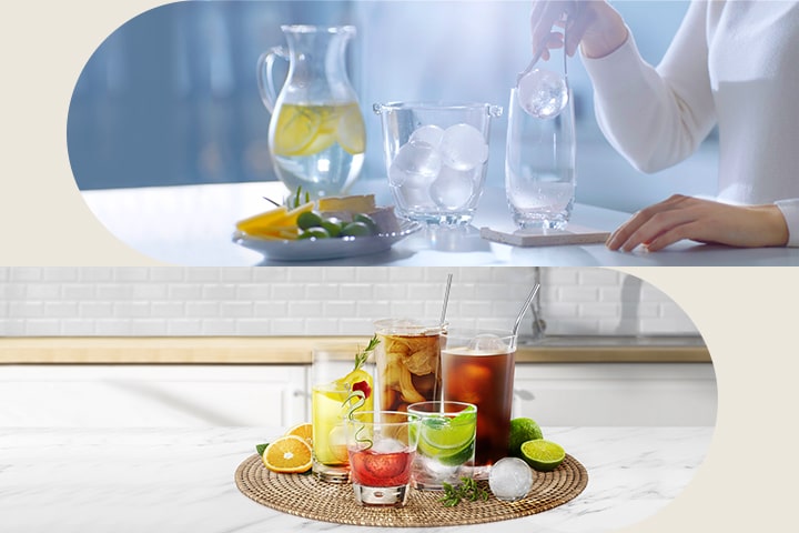 LG fridge water dispenser with LED touch control, dispensing water into a glass below.