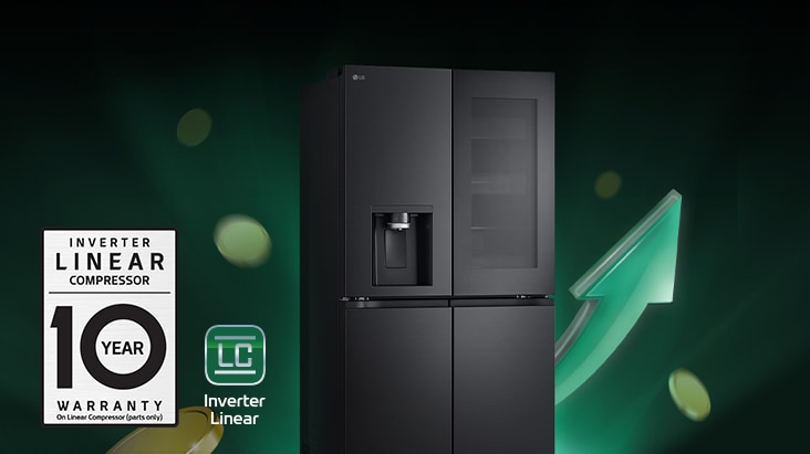 Refrigerator in front of rising arrows and piling coins