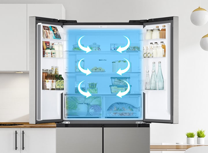 Open lg multi-door refrigerator with multi air flow system, showing cool air circulation for even temperature distribution.