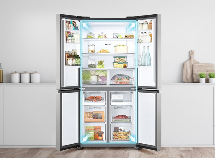 lg multi-door refrigerator with wide open doors, showcasing spacious interior and organized food storage.