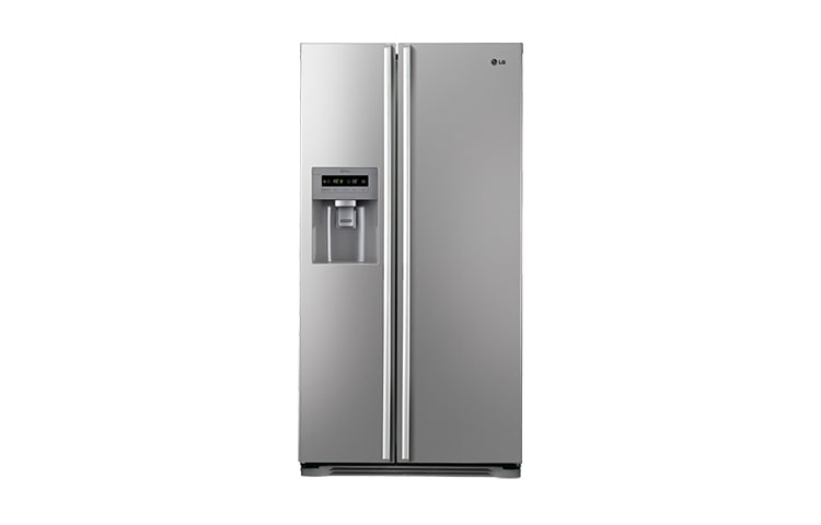 Front view of American Style Fridge Freezer in Platinum Silver with Water & Ice Dispenser GS3159PVFV