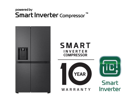 Product image with Smart Inverter Compressor™ Logo and 10 year warranty Logo.